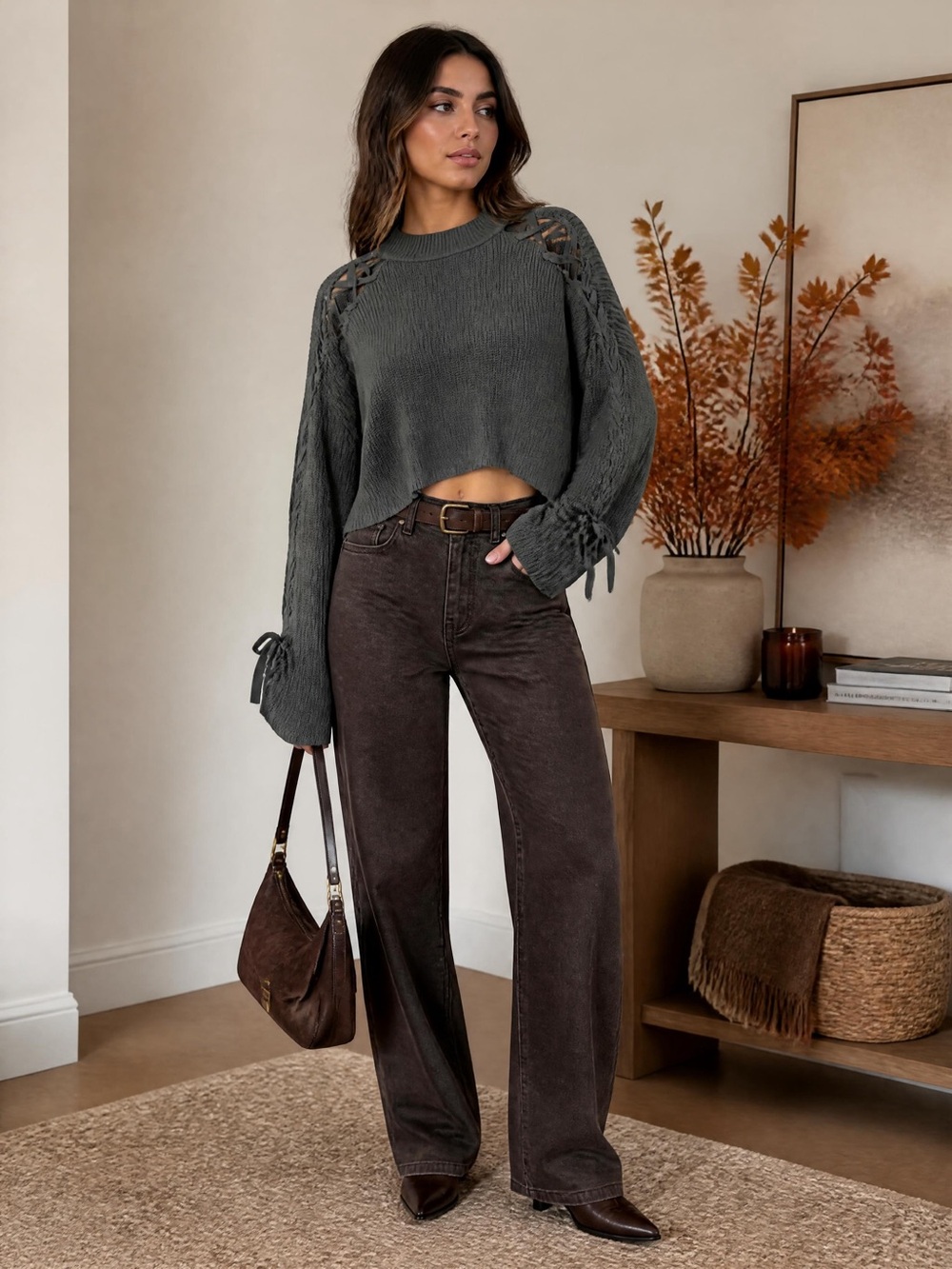 Aritzia Wilfred Salome Lace Up Sleeve Ribbed Knit Cropped Sweater, Grey, Size S